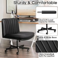 PUKAMI Criss Cross Chair with Wheels,PU Leather Armless Cross Legged Office Vanity Desk Chair for Home Office,Modern Swivel Height Adjustable Wide Seat(Black) - Image 6