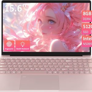 15.6''Pink Laptop Computer,1080P FHD Display,8GB RAM,512GB SSD,N5095 CPU Business Laptop,Numeric Keypad,Backlit Keyboard,Fingerprint Unlock,SD Card Reader,Webcam, 5GWiFi, HDMI,Pink
