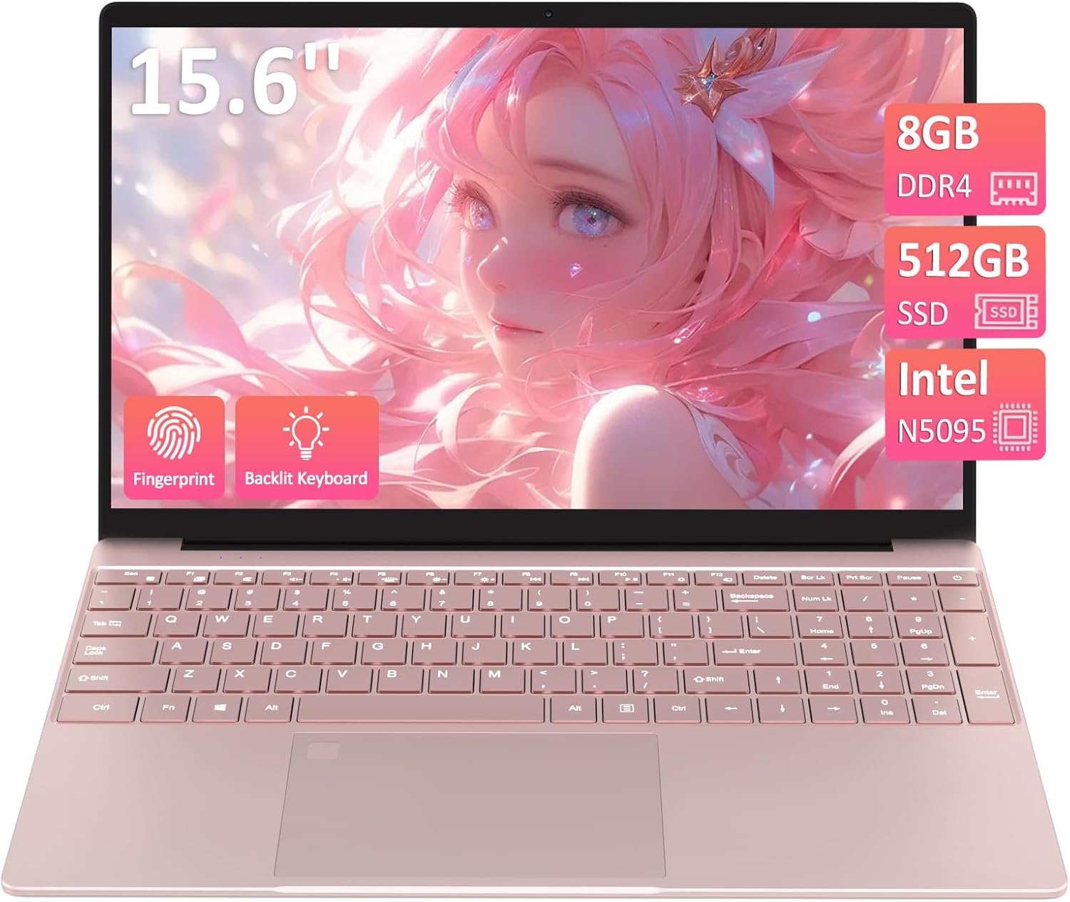 15.6”Pink Laptop Computer,1080P FHD Display,8GB RAM,512GB SSD,N5095 CPU Business Laptop,Numeric Keypad,Backlit Keyboard,Fingerprint Unlock,SD Card Reader,Webcam, 5GWiFi, HDMI,Pink