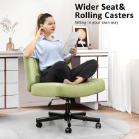 Darkecho Criss Cross Chair with Wheels,Thick Padded Fabric Cross Legged Wide Chair with Pocket Spring Cushion,Comfortable Adjustable Computer Office Task Vanity Chair for Home Office,Bedroom,Green - Image 3