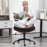Armless Modern Walnut Office Desk Chair with Wheels, Adjustable Wide Swivel Task Chair, Ergonomic Cross Legged Fabric Chair for Conference Room, Home Office (Black) - Image 3