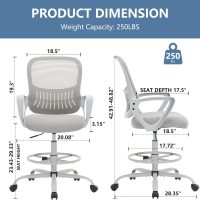 DUMOS Drafting Chair - Ergonomic Tall Office for Standing Desk, Counter with Height Adjustable and Comfortable Lumbar Support, Fixed Armrests, Grey - Image 3