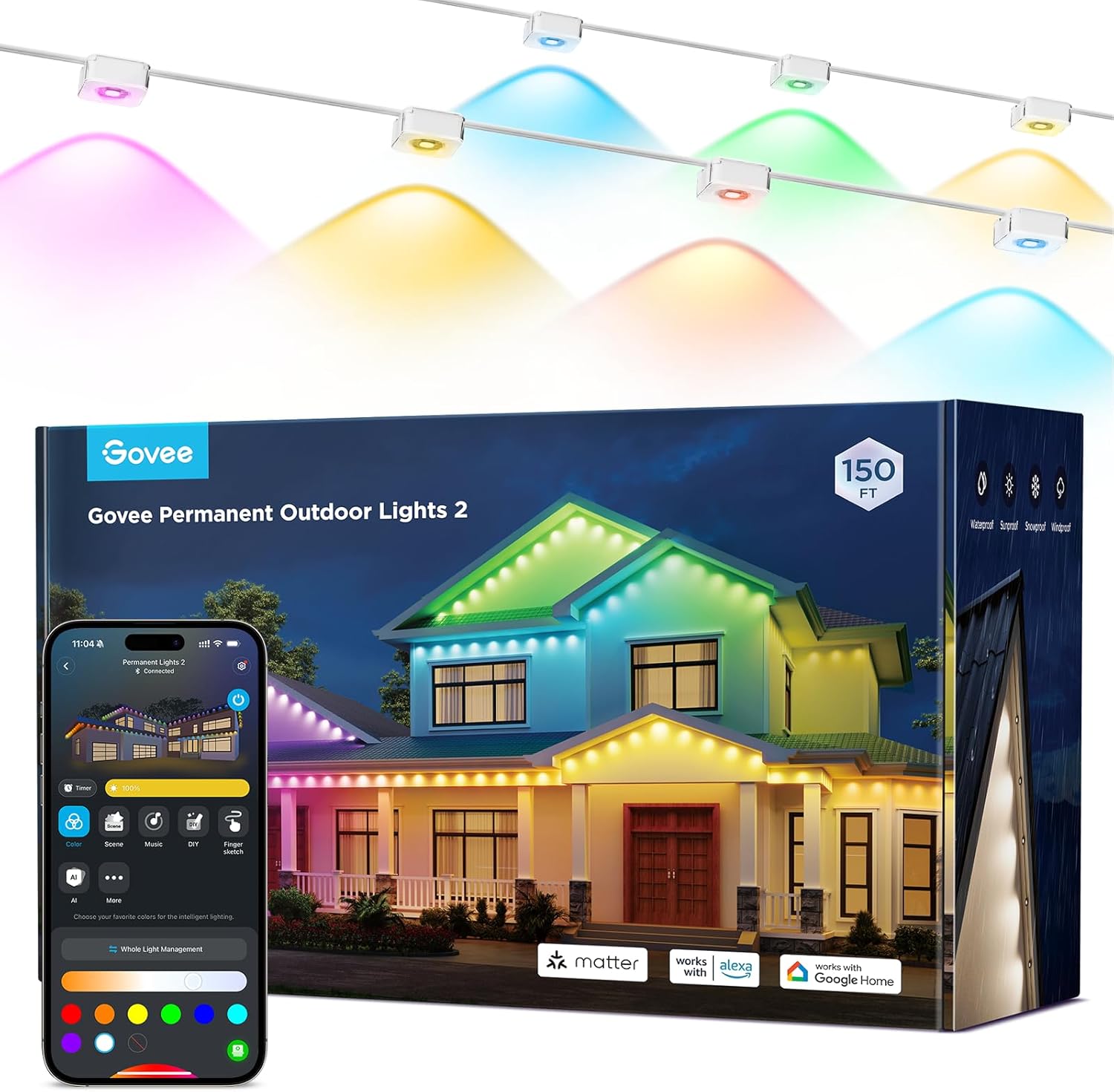 Govee Permanent Outdoor Lights 2, 150ft RGBIC Outdoor Lights with 108 LED Lights, IP67 Waterproof, 100 Scene Modes with 40lm White for Outdoor Decorations, Works with Alexa, Google Assistant, White