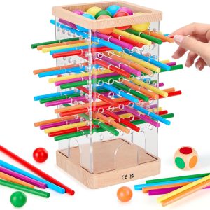 Montessori Wooden Board Games, 48 Colorful Sticks Dice Game with 12 Balls, Family Game for Kids and Adults, Math Educational Toys for 3 4 5 6 Years Old, Fine Motor Skills Toy Gifts for Boys and Girls