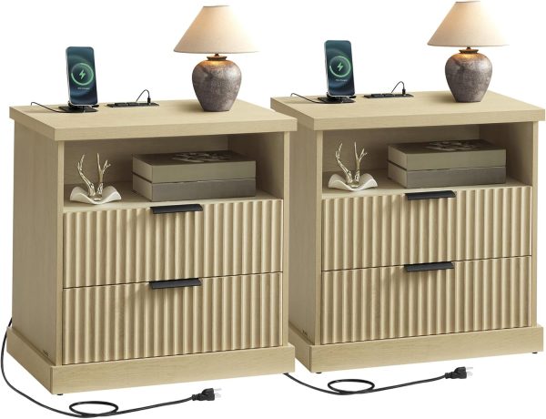 VASAGLE MAXE Collection - Set of 2 Nightstands with Charging Station, Bedside Table, Side End Table with 2 Drawers, Open Shelf, 2 AC Outlets, 2 USB Ports, Transitional, Bedroom, Oak Beige ULET926Y01