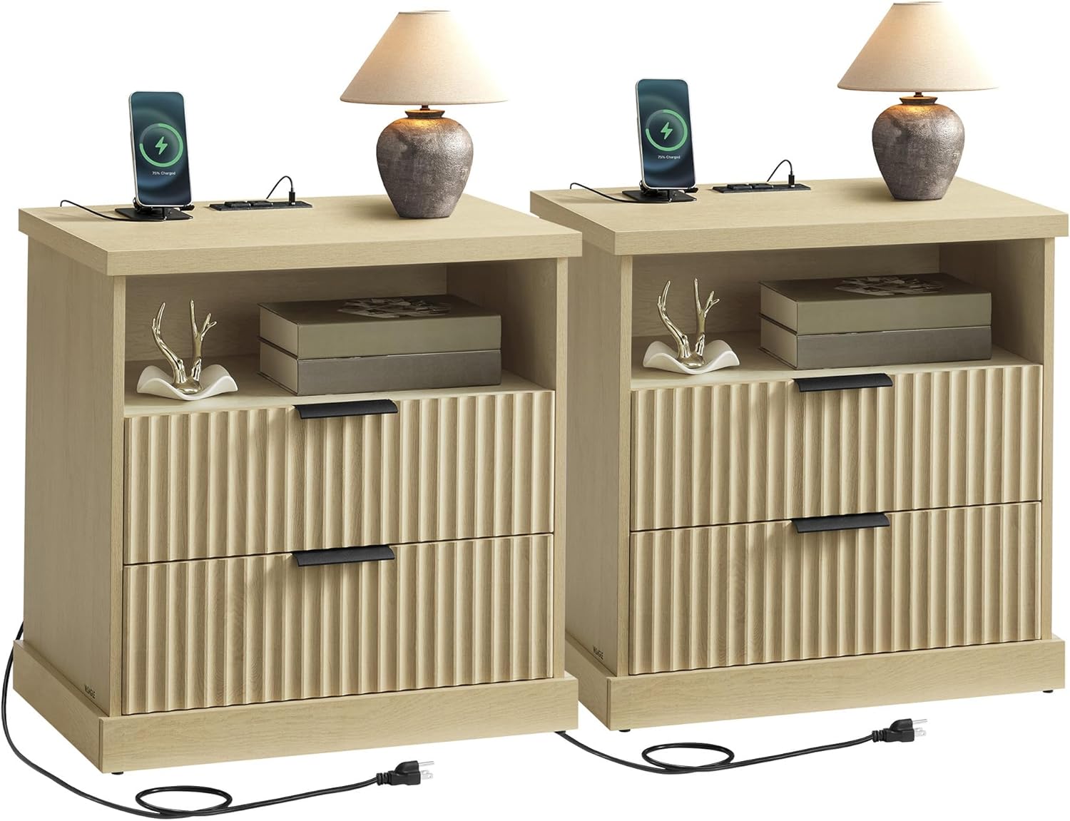 VASAGLE MAXE Collection – Set of 2 Nightstands with Charging Station, Bedside Table, Side End Table with 2 Drawers, Open Shelf, 2 AC Outlets, 2 USB Ports, Transitional, Bedroom, Oak Beige ULET926Y01