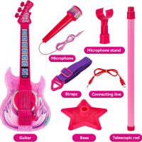 Guitar and Microphone Play Set for Girls,Karaoke Machine with Music&Light,Microphone Toys with Stand,Adjustable Height Guitar Toys for Kids,Toddlers,Child(Red) - Image 4