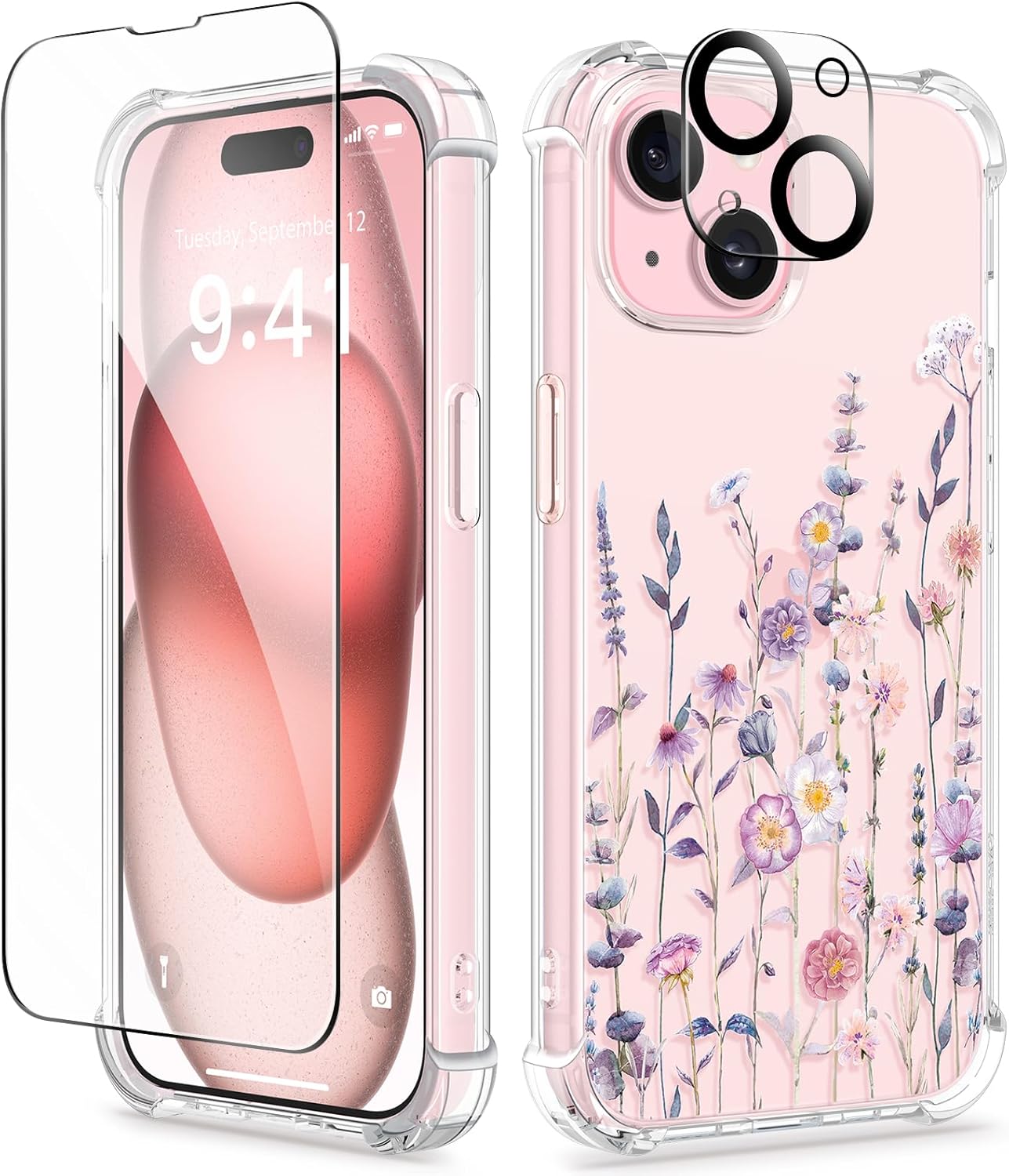 GVIEWIN for iPhone 15 Case, [3 in 1] with Screen Protector & Camera Lens Protector, Clear Soft Shockproof Slim Fit Floral Phone Cover for Women Girls 2023 6.1″ (Floratopia/Colorful)