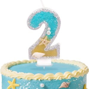 Birthday Number Candles, Beach Starfish Sequins Birthday Candles for Cake, Glitter Number 2 Candle Cake Topper Decoration for Boys Girls Party Supplies (Decor 2)