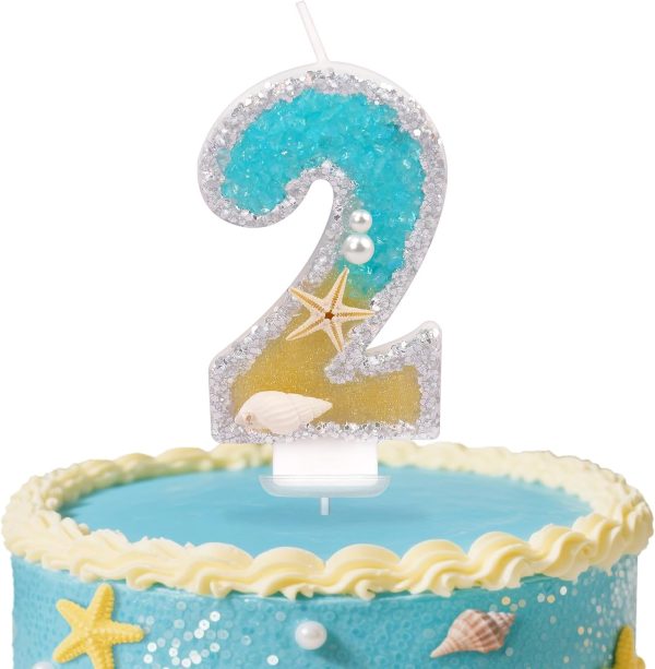Birthday Number Candles, Beach Starfish Sequins Birthday Candles for Cake, Glitter Number 2 Candle Cake Topper Decoration for Boys Girls Party Supplies (Decor 2)