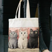 Cartoon Fluffy Three Kittens Print Canvas Tote Bag Cute Gifts for Women Fashion Reusable Grocery Shoulder Bag for Shopping Work Travel Daily life - Image 6