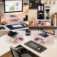 Small Pink Laptop Stand for Desk, Monitor Stand, Office Desk Accessories, Computer Desktop Stand with Drawer for Home, Office, School (Pink) - Image 3