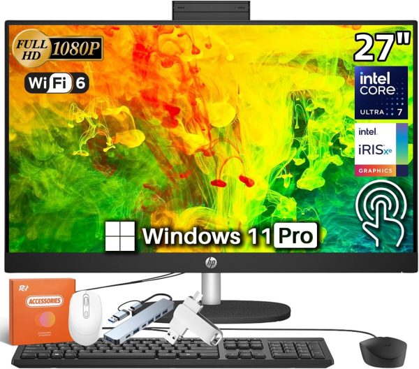 HP 27" Touchscreen All in One Desktop Computer 2025, Intel 12-Core Ultra 7 155U(Up to 4.8GHz), 64 GB DDR5, 4 TB SSD, 27 inch FHD Anti-Glare, Windows 11 Pro, Accessories, Jet Black