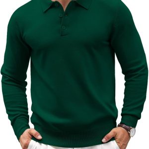 COOFANDY Mens Knit Polo Shirts Casual Long Sleeve Classic Polo Shirts Button Down Golf Shirts