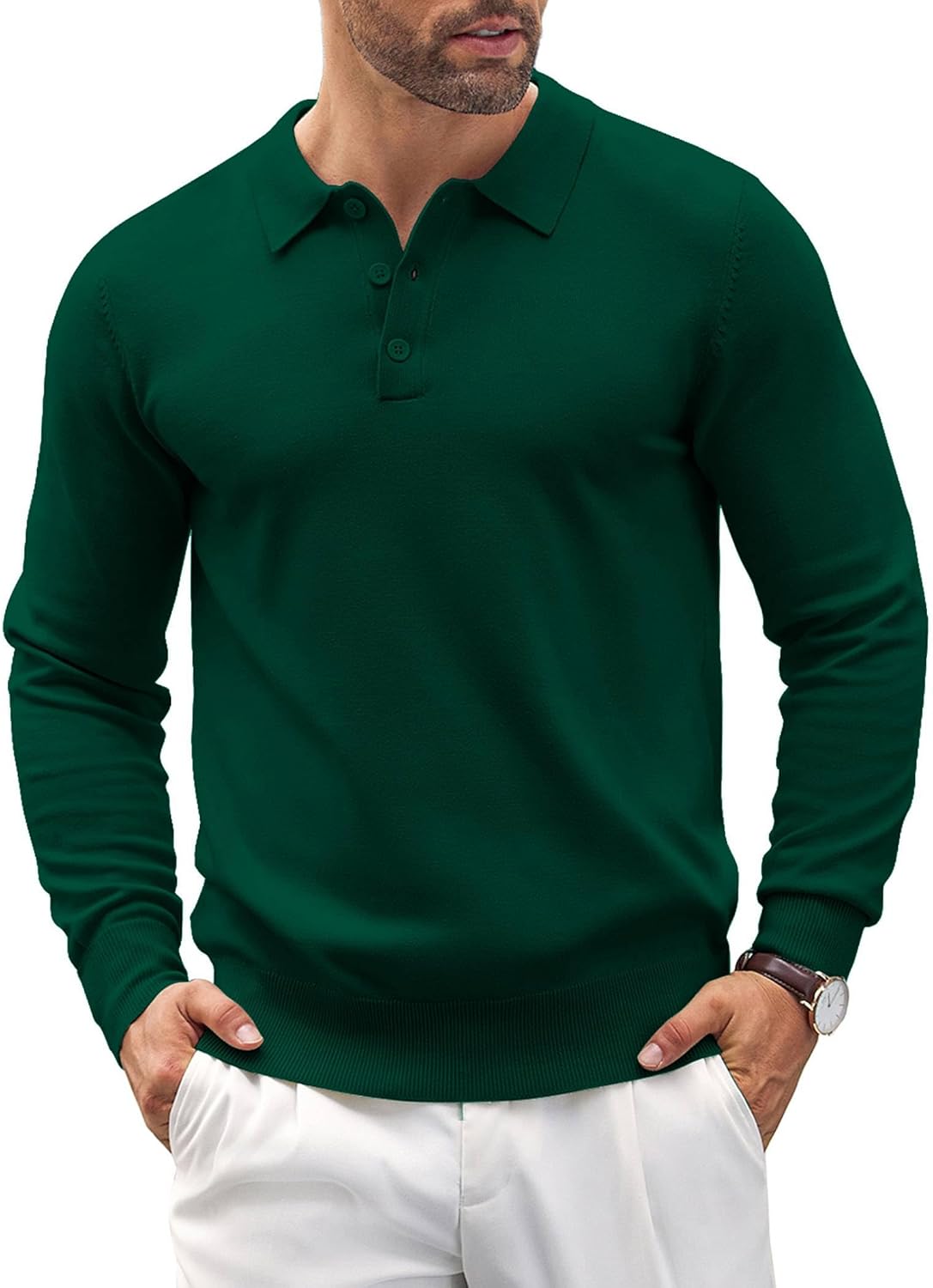 COOFANDY Mens Knit Polo Shirts Casual Long Sleeve Classic Polo Shirts Button Down Golf Shirts