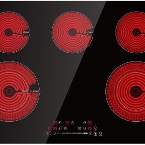 AMZCHEF 30 Inch 8400W 5 Burner Electric Cooktop, Drop-in Ceramic Glass Cooktop, 16 Power Levels, 85% Heat Efficiency, Child Lock, Timer, 220-240V, Hard Wire, No Plug