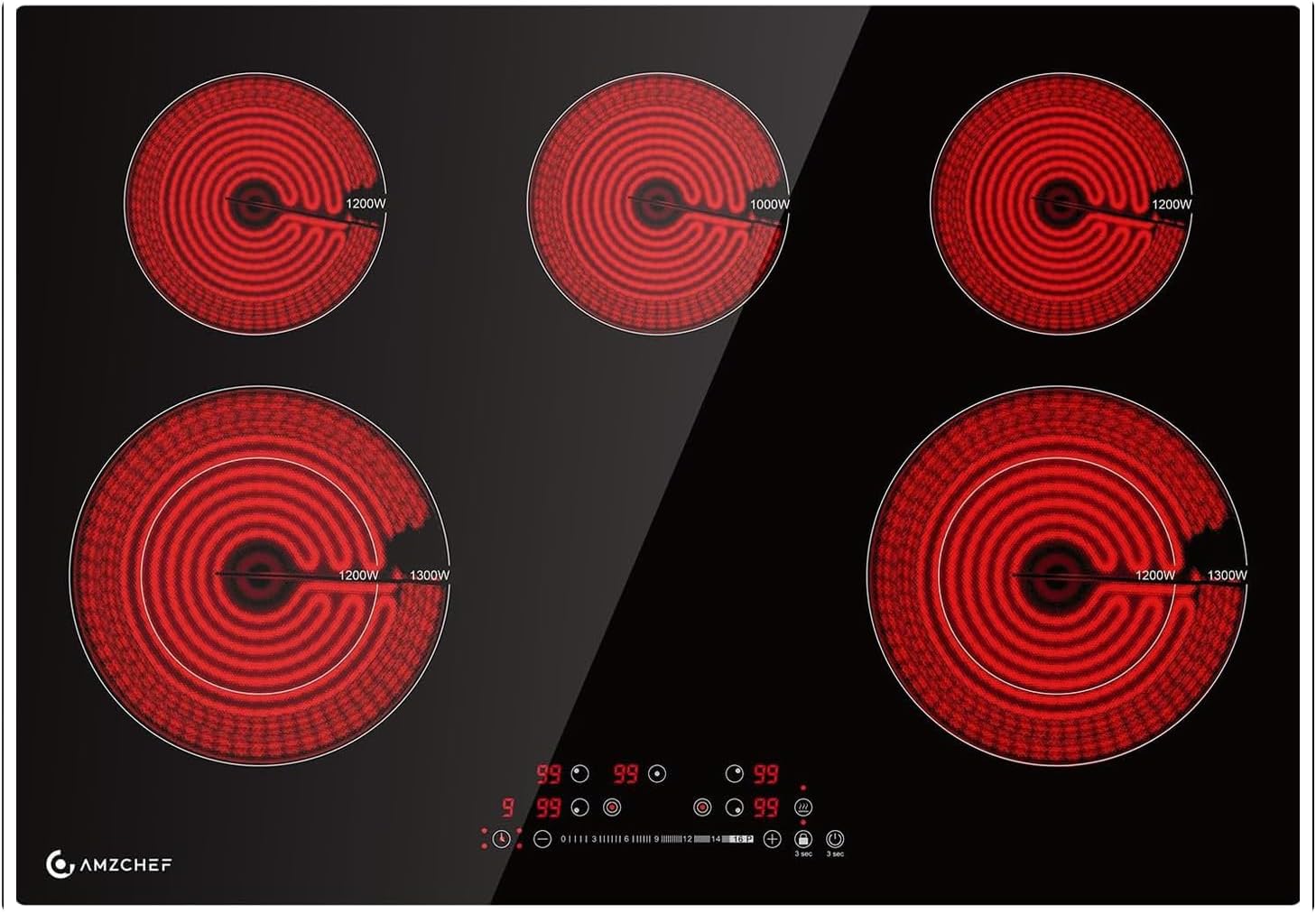 AMZCHEF 30 Inch 8400W 5 Burner Electric Cooktop, Drop-in Ceramic Glass Cooktop, 16 Power Levels, 85% Heat Efficiency, Child Lock, Timer, 220-240V, Hard Wire, No Plug