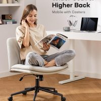 Marsail Armless-Office Desk Chair with Wheels: PU Leather Cross Legged Wide Chair,Comfortable Adjustable Swivel Computer Task Chairs for Home,Office,Make Up,Small Space,Bed Room(Light Beige) - Image 3