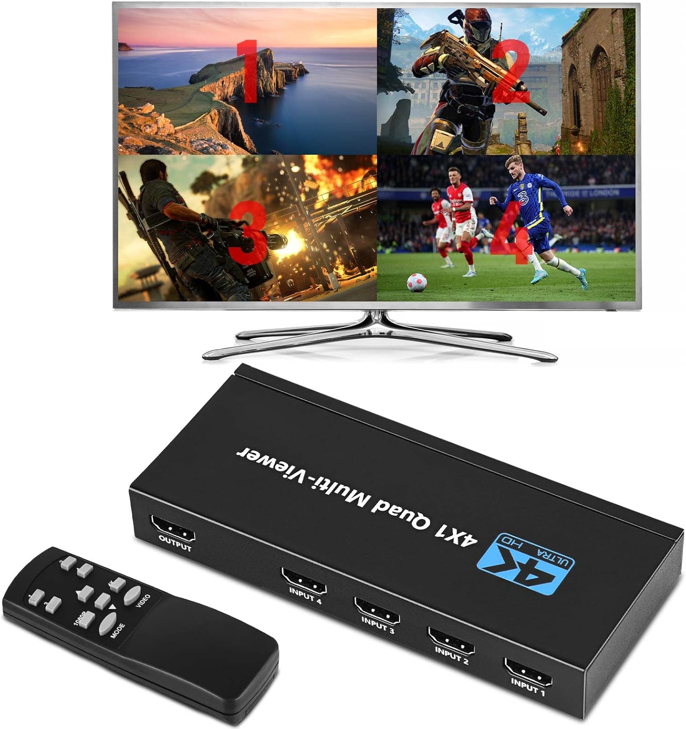 Tendak HDMI Multiviewer Switch 4×1, HDMI Quad Multi-Viewer with Seamless Switch, Split Screen,5 Display Modes,with IR Remote/Software/Push Button Selector for TV Security Camera, Gaming Consoles