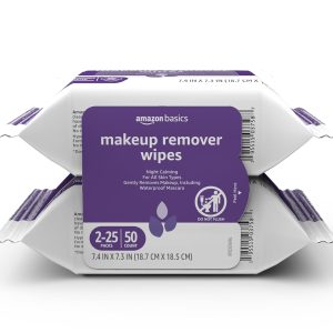 Amazon Basics Makeup Remover Wipes, Gentle Cleansing, Dermatologist Tested, Night Calming, Plant Based, Alcohol Free, Removes Waterproof Mascara, 25 Count Per Pack, Pack of 2 (Previously Solimo)