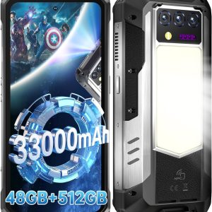 OUKITEL WP100 Titan Rugged Smartphone 5G - 33000mAh Rugged Phone with Projector, 48GB+512GB Unlocked Android 14 Cell Phones with 1200 Lumens Camping Light, 6.8'' FHD+120Hz Smartphone, 200MP, Black