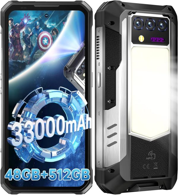 OUKITEL WP100 Titan Rugged Smartphone 5G - 33000mAh Rugged Phone with Projector, 48GB+512GB Unlocked Android 14 Cell Phones with 1200 Lumens Camping Light, 6.8'' FHD+120Hz Smartphone, 200MP, Black