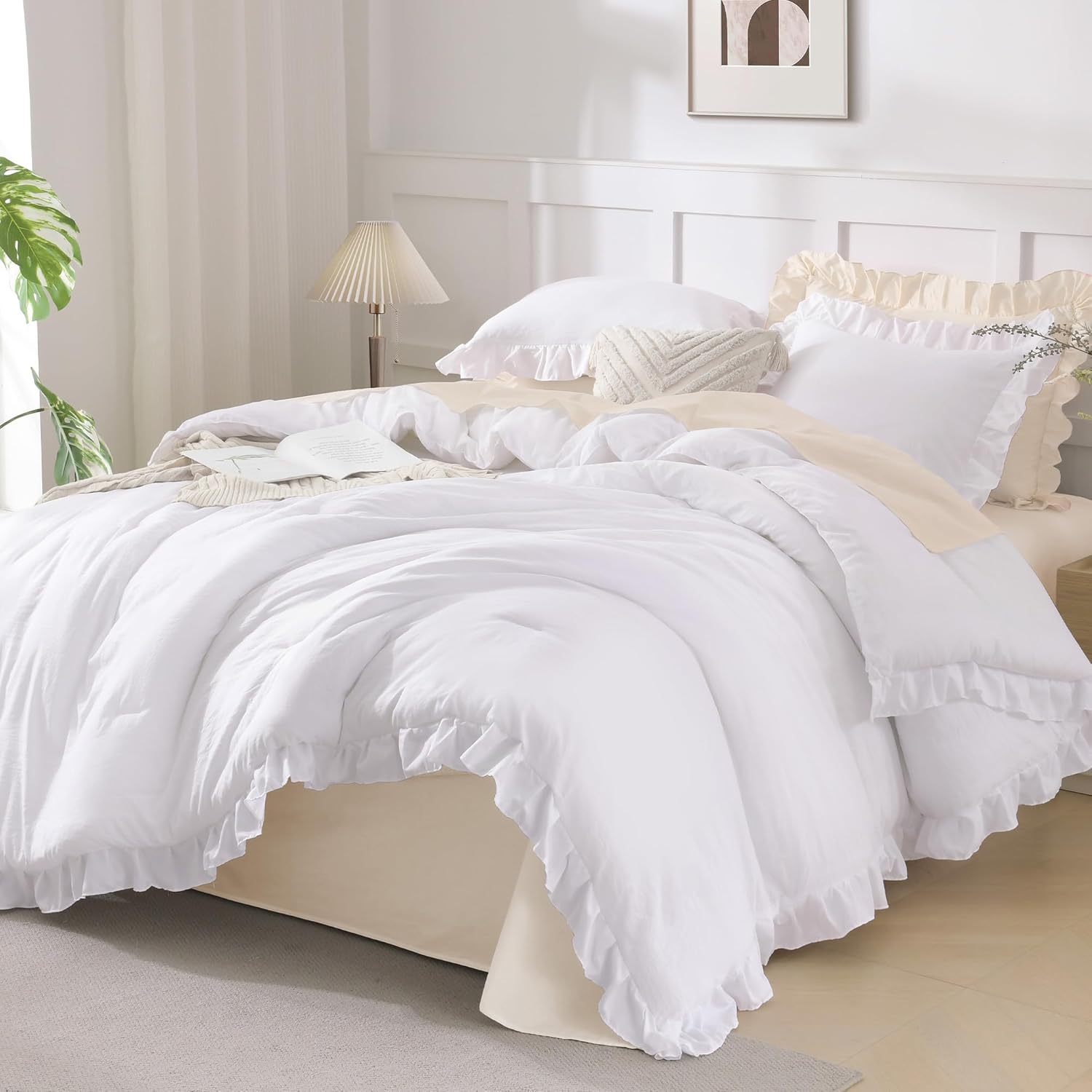 Andency Comforter Full Size Set White, 3 Pieces Ruffle Farmhouse Shabby Chic Gift Full Comforter Set, Soft Lightweight Fluffy All Season Room Decor Bed Set for Girls Women Teens Daughter