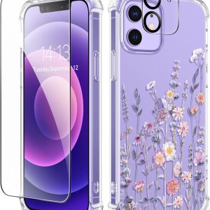 GVIEWIN for iPhone 12 Case and iPhone 12 Pro Case with Screen Protector + Camera Lens Protector, Clear Flexible TPU Shockproof Cover Women Girls Flower Pattern Phone Case 6.1 (Floratopia/Colorful)