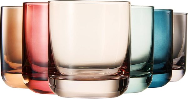 Khen Colored Old-Fashioned Drinking Glasses | Set of 6 | 9.6oz Art Deco Stemmed Glasses for Whiskey, Martini, Cocktail, Champagne, Wine | Muted Pastel Colors | Father's Day Gift Idea for Dad or Him