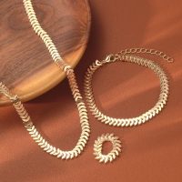 3PCS Flat Snake Chain Jewelry Set, Women's Wheat Motif Necklace, Bracelet, and Ring Set, Trendy Gold Tone Stackable Fashion Accessories, Jewelry Set (Gold) - Image 3