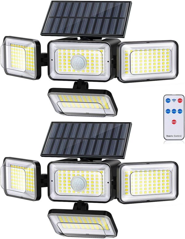 Mokot Solar Lights Outdoor, 288 LED 2800LM Motion Sensor Outdoor Light with Remote Control, 4 Heads IP65 Waterproof Solar Flood Security Lights for Outside Patio Wall -2PACK