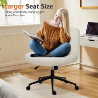 Sweetcrispy Criss Cross Chair Legged, Armless Office Desk Chair with Wheels, Swivel Vanity Height Adjustable Wide Seat Computer Task Seating - Fabric Beige - Image 3