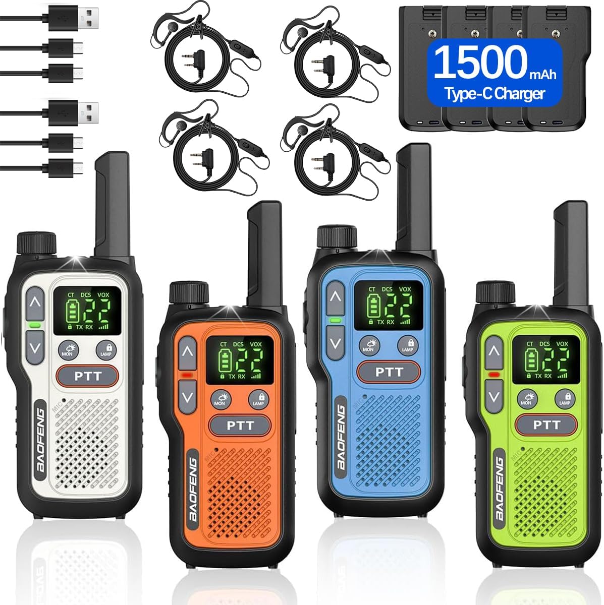 Walkie Talkies Long Range For Adults,Rechargeable 22 FRS NOAA Family Walky Talky 2 Way Radio Walkie Talkies With Earpiece 1500mAh Battery VOX Flashlight Type-C Charging For Camping Hiking Cruise,4Pack