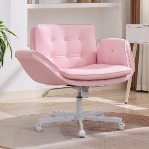 Criss Cross Office Chair with Wheels and Arms, Pink Vanity Chair with Back, Comfy Swivel Cross Legged Office Chairs for Ultimate Comfort and Support, Unique Multifunctional Stylish Arms
