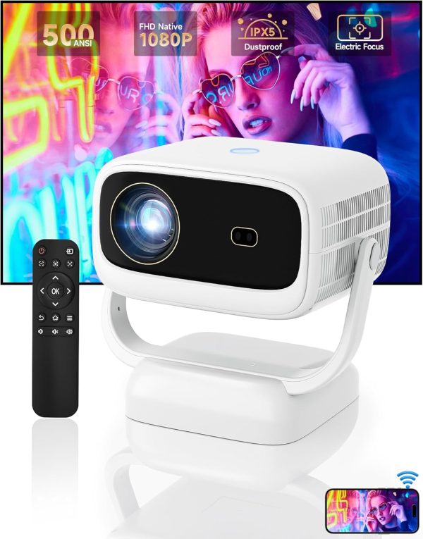 【500ANSI & Dustproof】Projector with WiFi 6 and Bluetooth, Native 1080P Smart Portable Movie Projector for Outdoor Use, Mini Room Projector 4K Support, Video Projector Compatible with Phone PC TV Stick