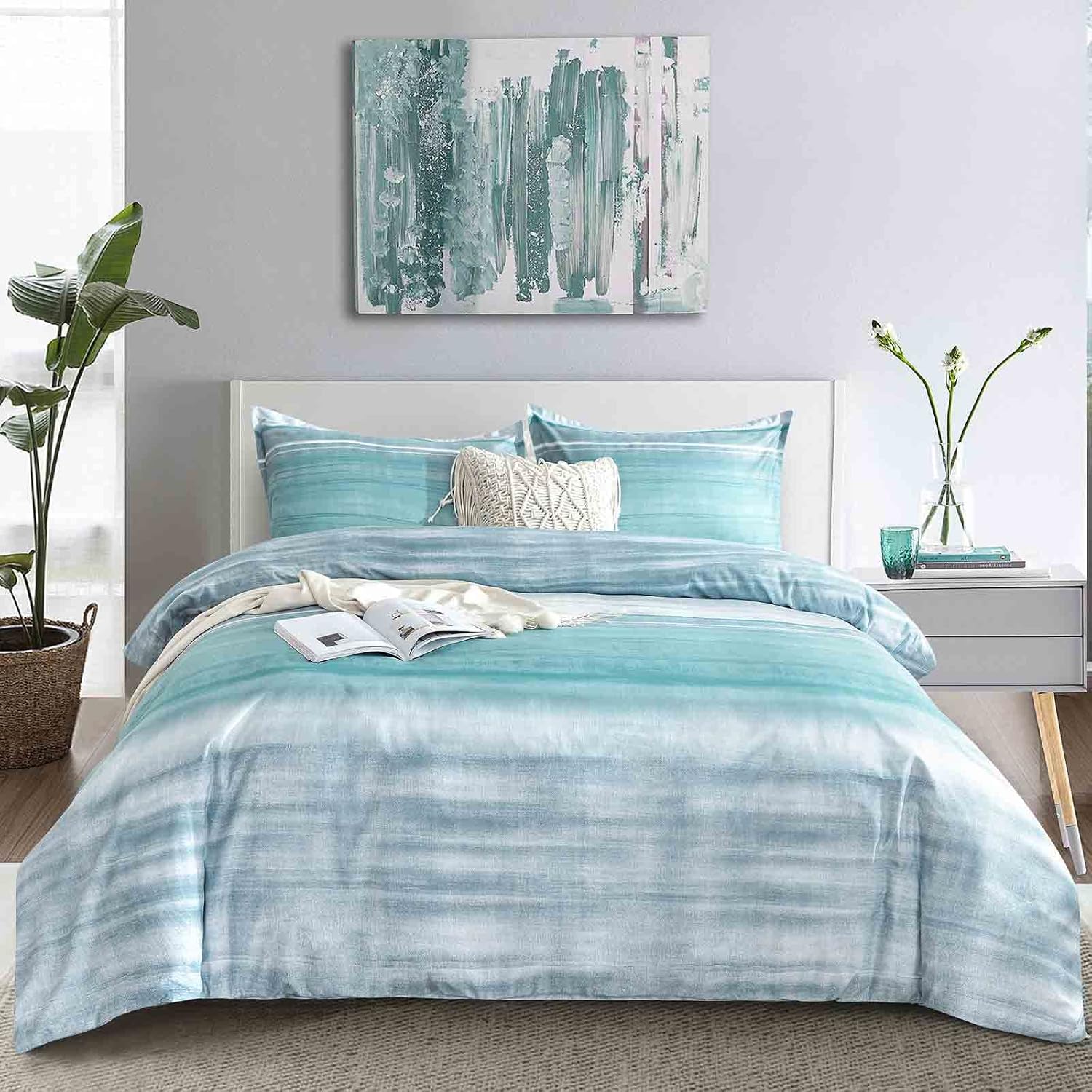 King Size Comforter Set, Blue, Grey and Teal Striped Pattern Print Reversible Down Alternative Bed Sets – 104 x 90 3PC Soft Microfiber Duvet Sets Modern Abstract Bedding in a Bag for Women Men, Gray