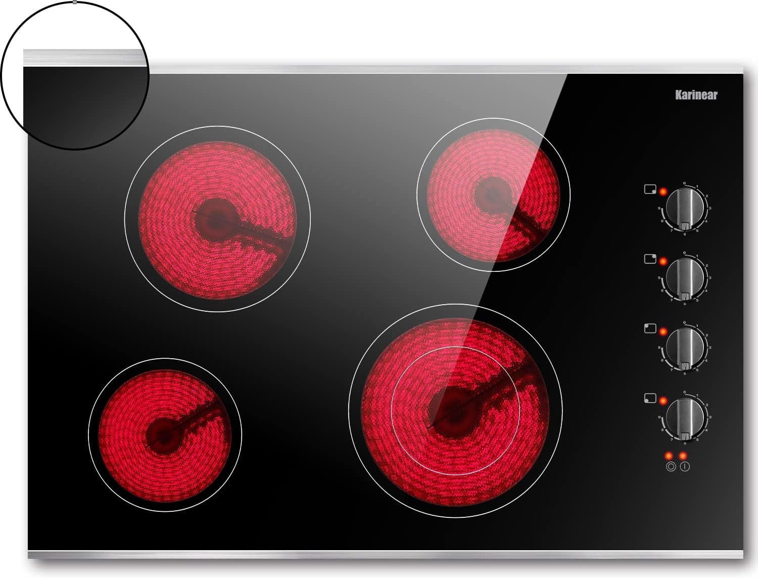 Karinear 30 Inch Electric Cooktop 4 Burners, Knob Control Built-in Ceramic Cooktop, 30″ Radiant Electric Stove Top with Glass Protection Metal Frame,Hot Surface Indicator, 220-240v, Hard Wire, No Plug