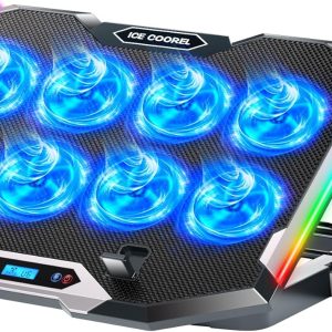ICE COOREL Gaming Laptop Cooling Pad with 8 Cooling Fans, Laptop Fan Cooler Pad for 15-17.3 Inch, Notebook Cooler Stand with 6 Height Adjustable, RGB Cooling Pad with Two USB Port + Phone Stand