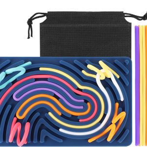 Sensory Activity Board, Silicone Fidget Toy for Stress Relief, Calming, Focus, ADHD and Autism, 6 Colors Sensory Toys Game Controller for Kids 2+ & Adults with 20 Strings (Navy Blue)