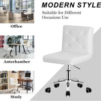 VECELO PU Leather Mid-Back Armless Vanity Chair Adjustable Height 360° Rolling Swivel for Home Office Work, White - Image 5