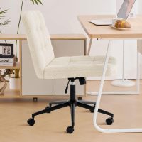 Criss Cross Legged Chair, Faux Fur Upholstered Office Chair with Wheels, Adjustable Armless Desk Chair with Wide Thicken Seat, Computer Chairs for Living Room, Study Room, Home Office, IvoryWhite - Image 8