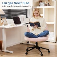 DUMOS Criss Cross Chair with Wheels, Legged Office Armless Wide Desk Seat with Dual-Purpose Base, Adjustable Swivel Teddy Fabric Task Vanity Home Bedroom, Pink - Image 4