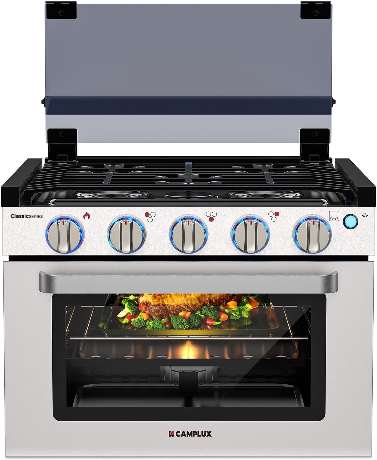 CAMPLUX Classic RV Propane Range 17 Inches, Propane Range Oven with 3 Burners Cooktop for RV, RV Propane Stove Oven Combo 28,100 BTU/Hr, Stainless Steel RGS17MSF