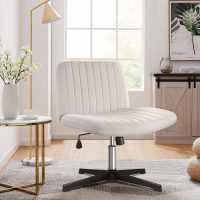 White Criss Cross Chair No Wheels Height Adjustable Swivel Vanity Chair for Home Office with Wide Flannel Seat - Image 2