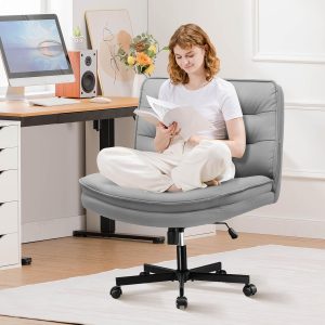 GTRACING Criss Cross Legged Office Chair with Wheels, Extra Wide Armless Comfy Desk Chair for Home Bedroom, 2 Layer Cushion Large Seat & Back Support X-Legged Chair, Gray PU Leather Adjustable Height