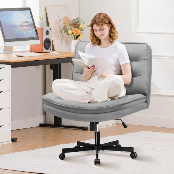 GTRACING Criss Cross Legged Office Chair with Wheels, Extra Wide Armless Comfy Desk Chair for Home Bedroom, 2 Layer Cushion Large Seat & Back Support X-Legged Chair, Gray PU Leather Adjustable Height