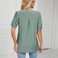 Women’s Casual V Neck Eyelet Blouse Puff Sleeve Loose Fit Summer Tshirt Top Business Wear - Image 2