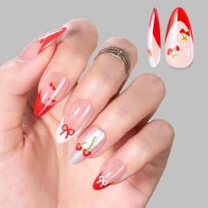 Cherry Press on Nails：Cherry of Love French Tips Press ons Cosmetic Nail Set Medium Almond 30 PCS 15 Sizes Pre-Designed Reusable Stick on Nails with Glue Manicure Gift for Women