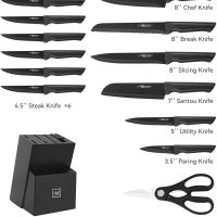 Knife Set, 15 Pcs Kitchen Knife Set with Block Self Sharpening, Dishwasher Safe, 6 Steak Knives, Anti-slip handle, Black - Image 2