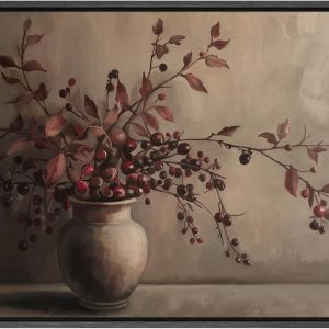 SIGNFORD Framed Canvas Print Wall Art Rustic Berries in Vase Traditional Still Life with Warm Tones Illustrations Modern Art Decorative Relax/Calm for Living Room, Bedroom, Office - 24"x36" Black